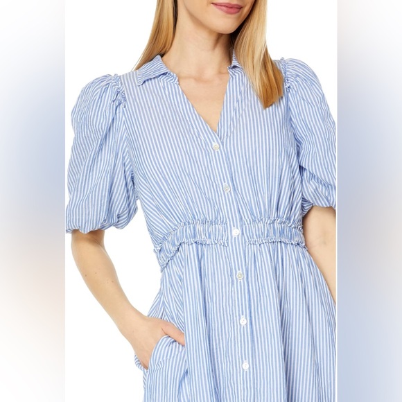 Lilly Pulitzer Tassie Elbow Puff Sleeve Midi Stripe Shirt Dress Coastal Blue - Picture 3 of 11